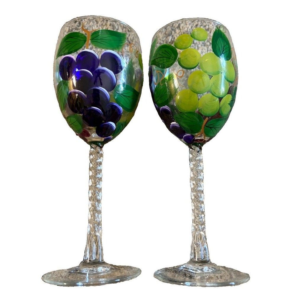 Shamrock Hand Painted Grape Wine Glasses Set of 2 Twisted Stem Vintage 8"